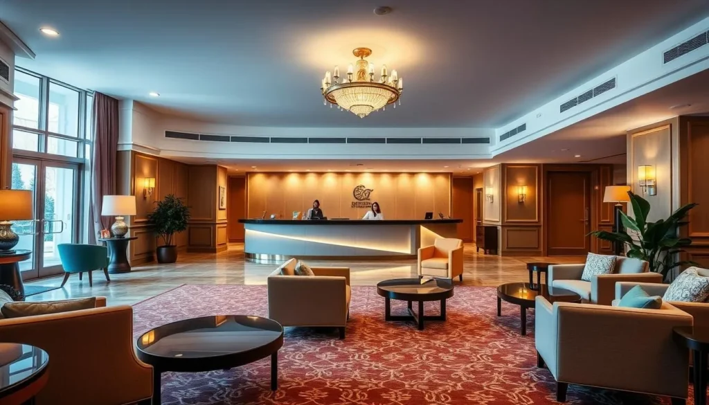 Modern hotel in Izhevsk with comfortable lobby and reception area Modern hotel in Izhevsk with comfortable lobby and reception area
