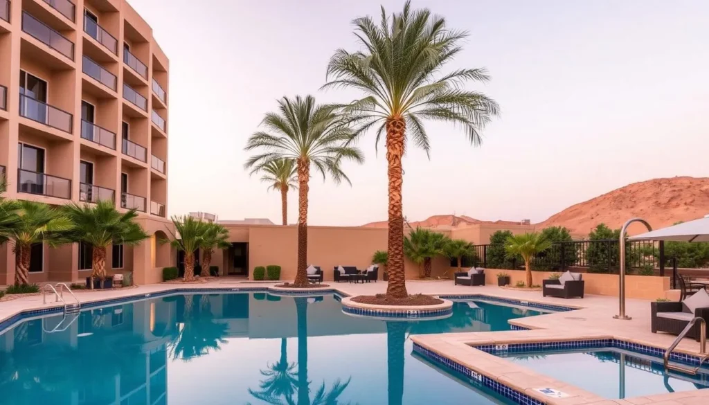 Modern hotel in Odessa with swimming pool and desert landscaping