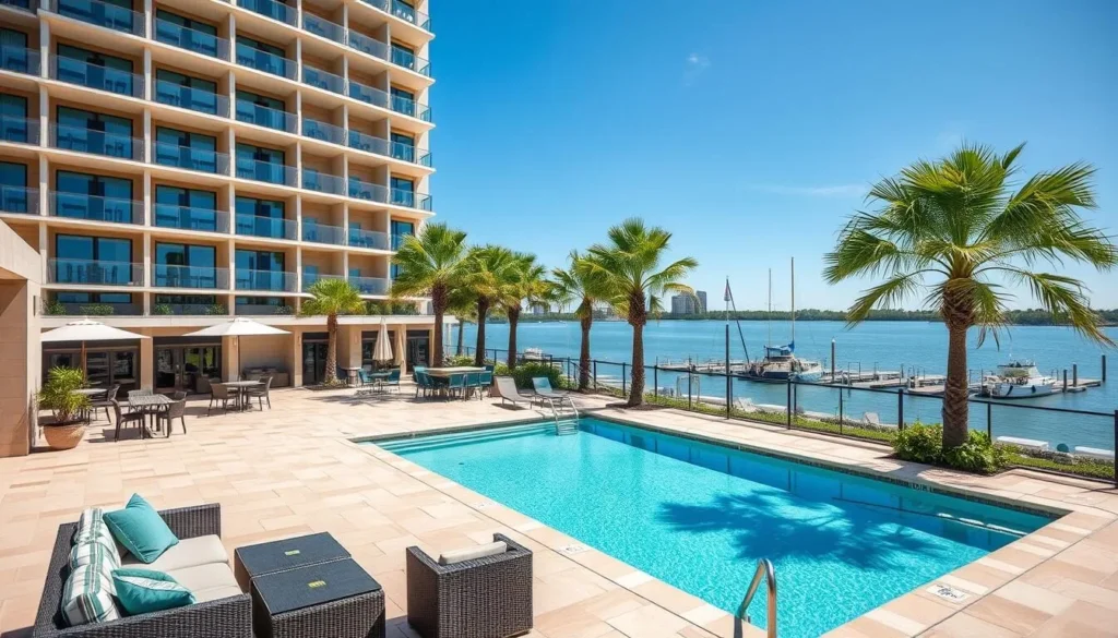 Modern hotel in Texas City with waterfront views and palm trees