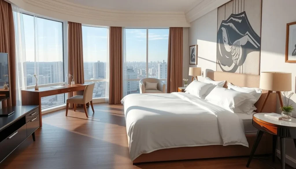 Modern hotel room in Chelyabinsk with city views