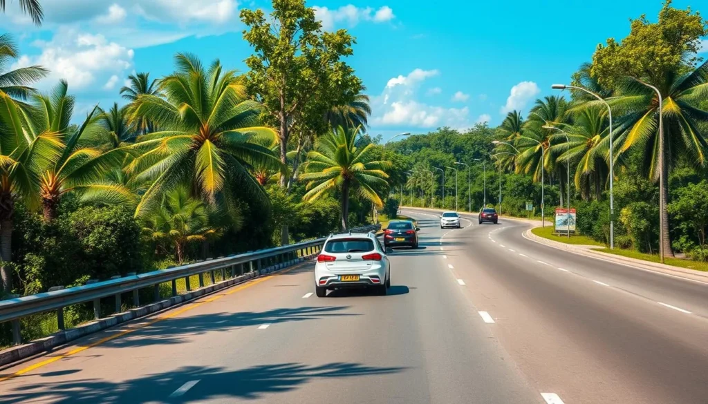 Modern road in Balikpapan with cars and tropical vegetation on both sides