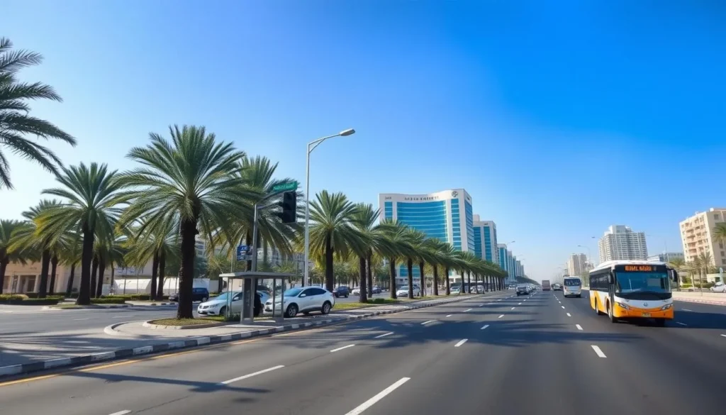Modern road infrastructure in Dammam with palm-lined streets and public transportation Modern road infrastructure in Dammam with palm-lined streets and public transportation