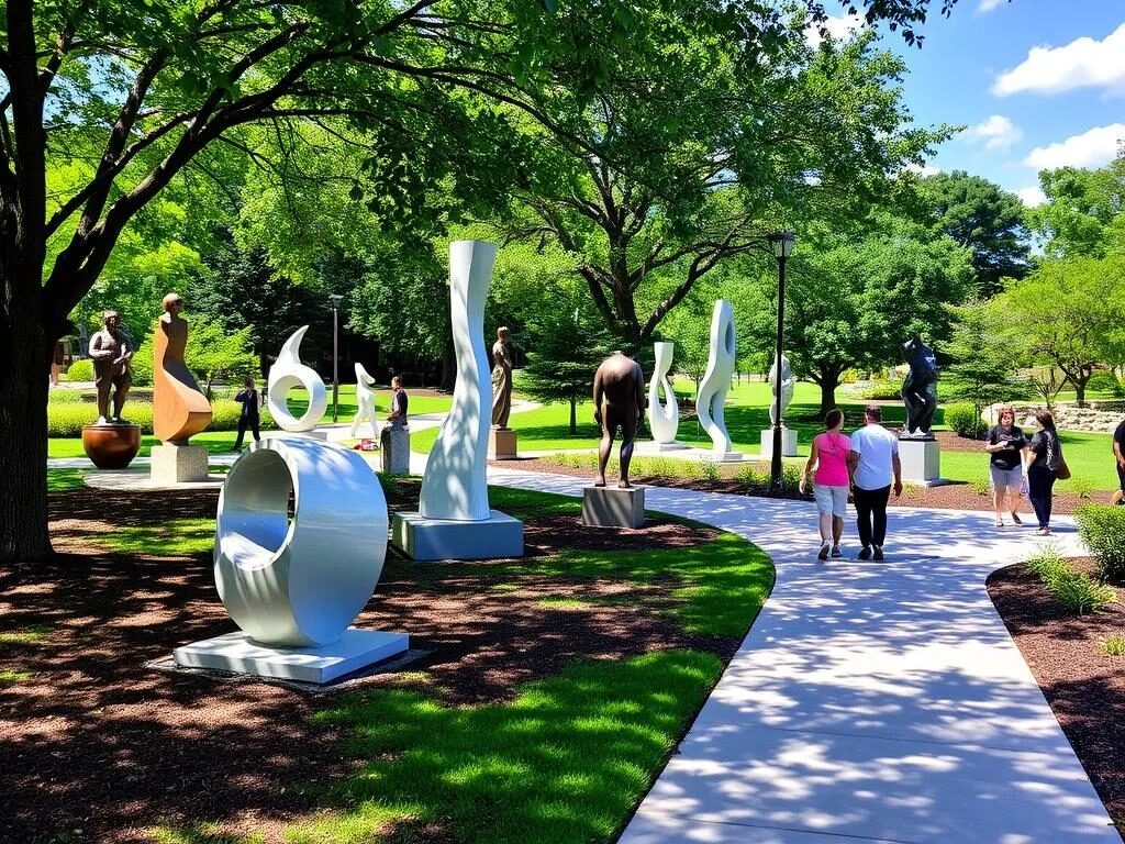 Modern sculptures displayed in Cedar Park Sculpture Garden with walking paths Modern sculptures displayed in Cedar Park Sculpture Garden with walking paths