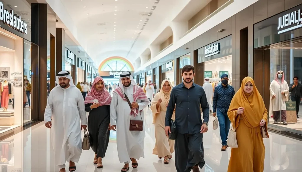 Modern shopping mall in Jeddah with Saudi families shopping