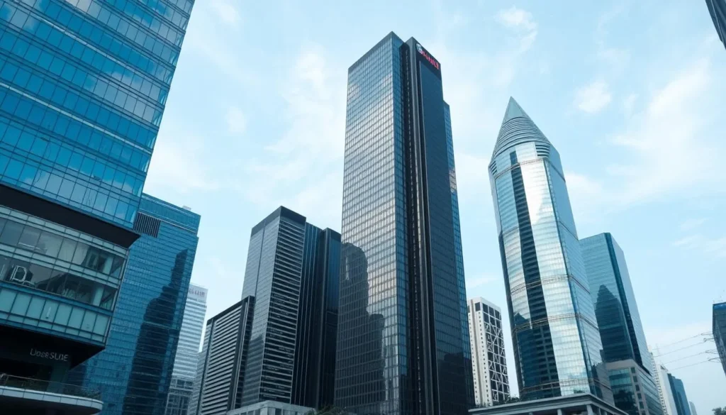 Modern skyscrapers in Jakarta's Sudirman Central Business District (SCBD) with glass facades reflecting blue sky