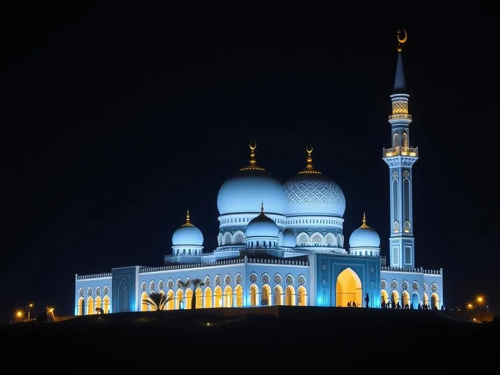 Mohammed Al Ameen Mosque illuminated at night with blue and gold lighting