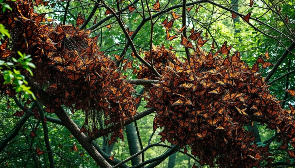 Monarch butterflies clustered on trees at Piedra Herrada Sanctuary near Valle de Bravo, Mexico State Monarch butterflies clustered on trees at Piedra Herrada Sanctuary near Valle de Bravo, Mexico State