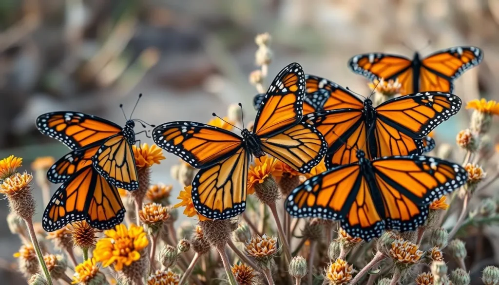 Monarch butterflies resting on plants during migration at Amistad National Recreation Area, Texas