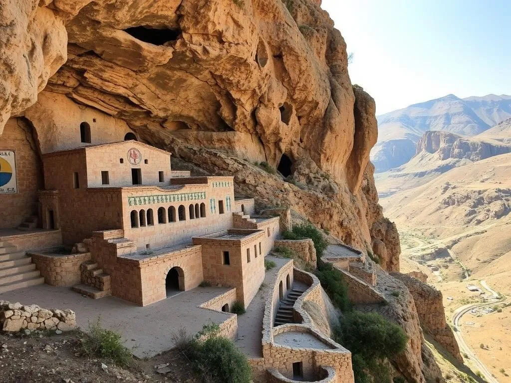 Monastery of the Cross in Qadisha Valley showing 10th century architecture and frescoes Monastery of the Cross in Qadisha Valley showing 10th century architecture and frescoes