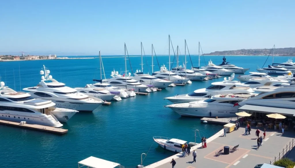 Monastir Marina with yachts and boats against the backdrop of cafes and restaurants