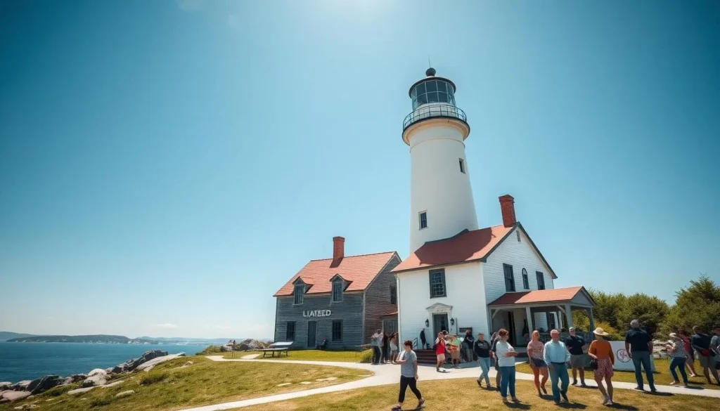 Monhegan Island Lighthouse and Museum with visitors exploring the grounds on a clear day Monhegan Island Lighthouse and Museum with visitors exploring the grounds on a clear day