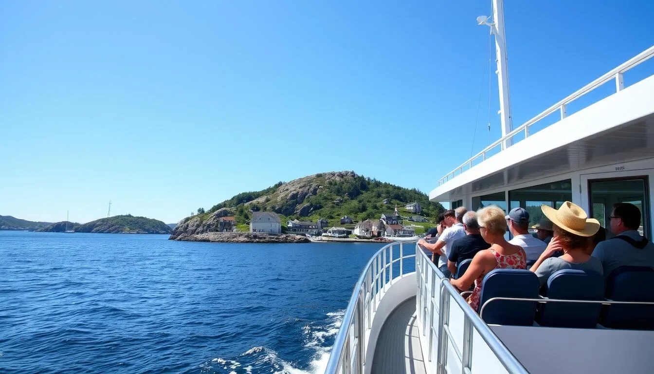 Monhegan-Island-ferry-approaching-the-harbor-with-passengers-on-deck-and-the-islands-coastline Monhegan Island ferry approaching the harbor with passengers on deck and the island's coastline visible in the background