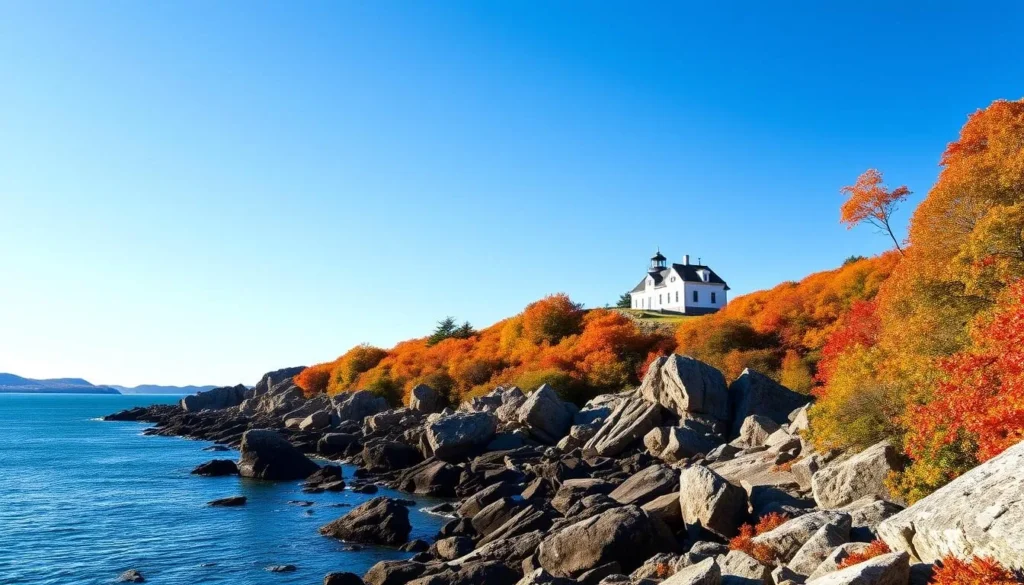 Monhegan Island in autumn with colorful fall foliage, rocky coastline, and lighthouse visible on a clear day Monhegan Island in autumn with colorful fall foliage, rocky coastline, and lighthouse visible on a clear day
