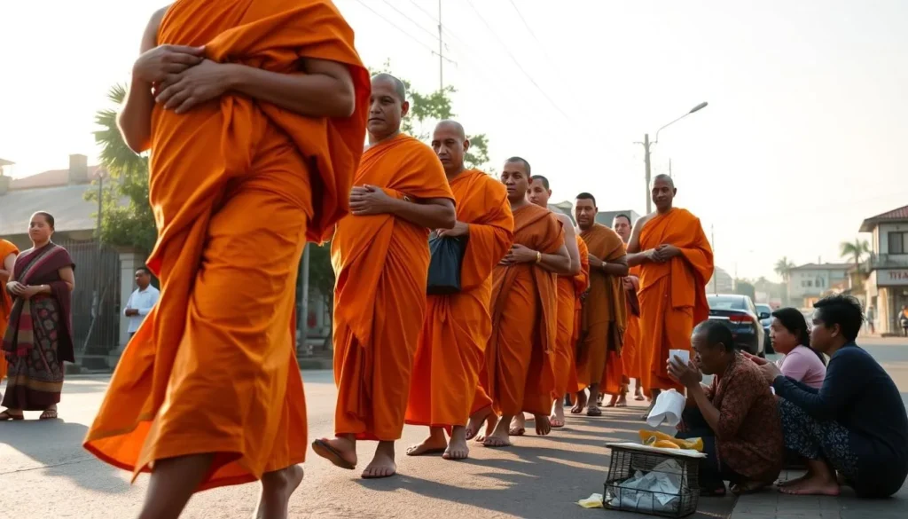 Monks collecting alms in the early morning in Savannakhet, Laos