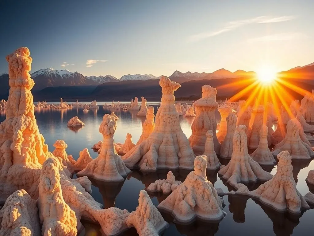 Mono Lake South Tufa formations at sunrise with mountains in background