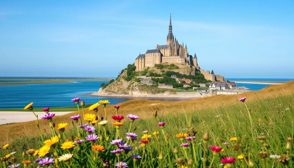 Mont Saint-Michel during spring with blooming flowers in the foreground and clear blue skies