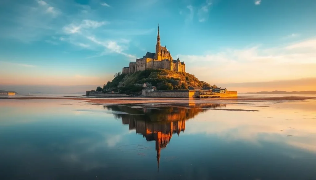 Mont Saint-Michel surrounded by water during high tide, reflecting in the bay waters