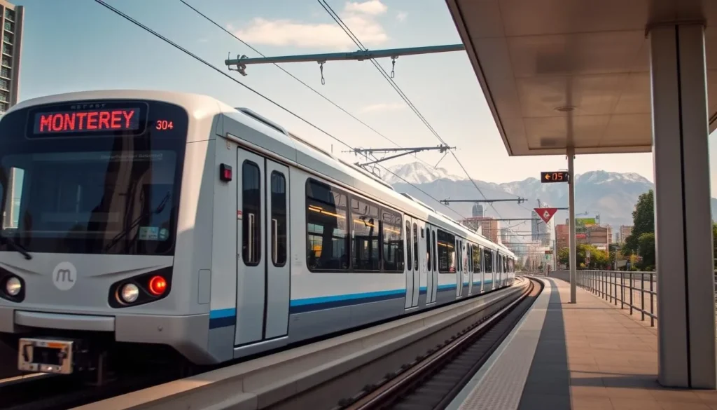 Monterrey Metro train passing through the city with mountains in the background