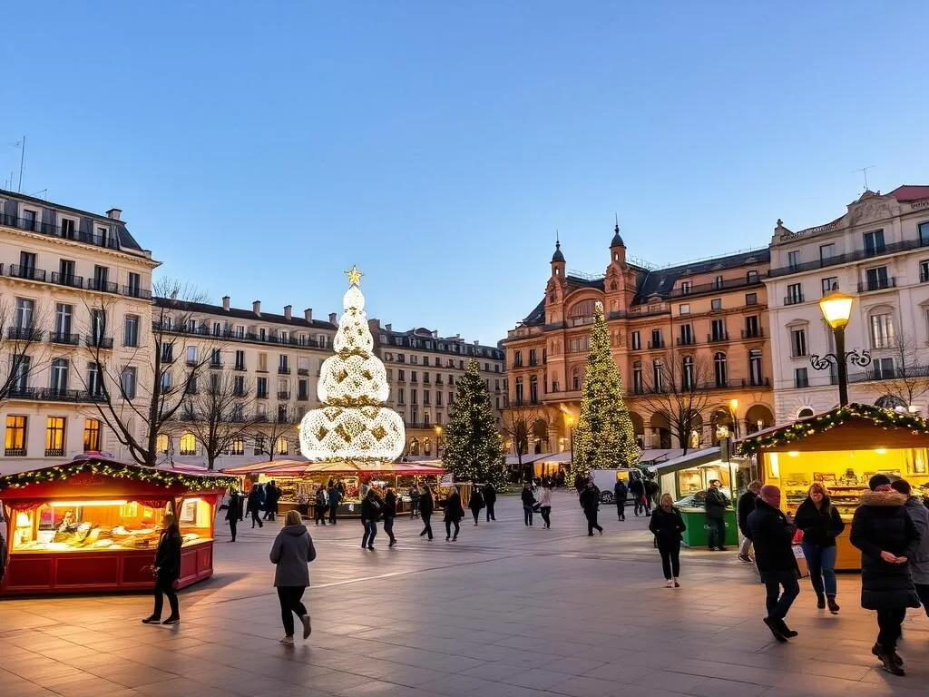 Montpellier's Place de la Comédie decorated for Christmas with holiday lights