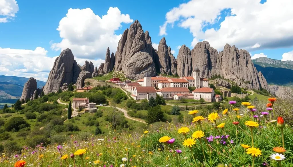 Montserrat monastery in spring with blooming wildflowers and clear views of the surrounding landscape