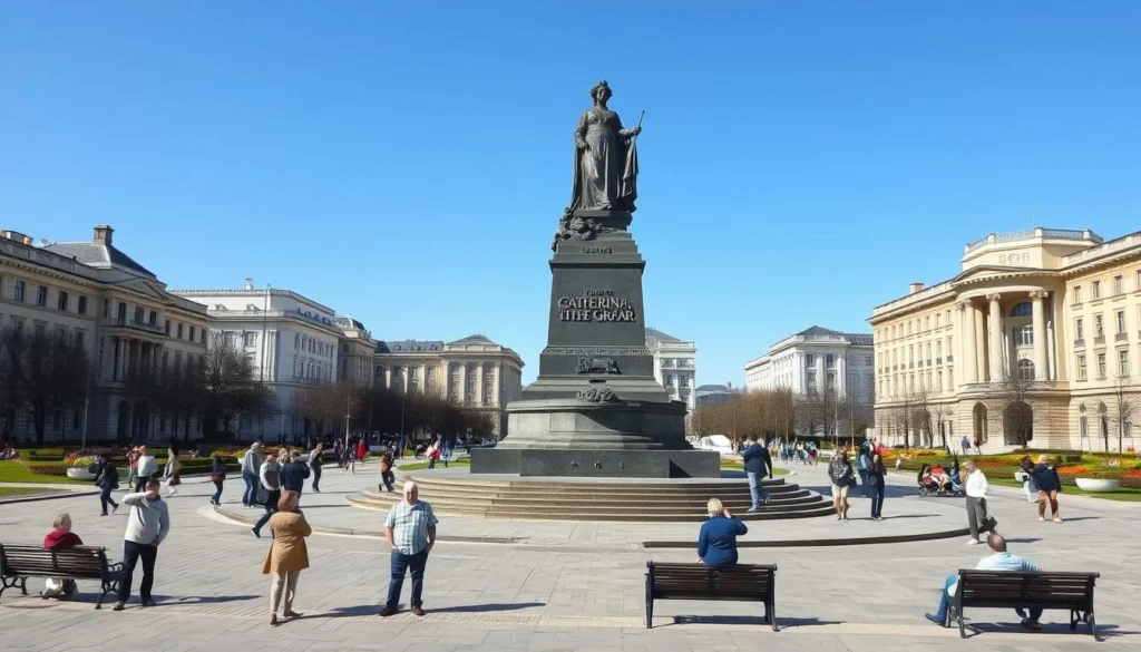 Monument to Catherine the Great in Krasnodar city center with visitors