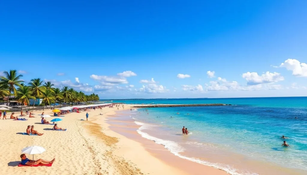 Mooloolaba Beach on a sunny day with people enjoying the water and sand