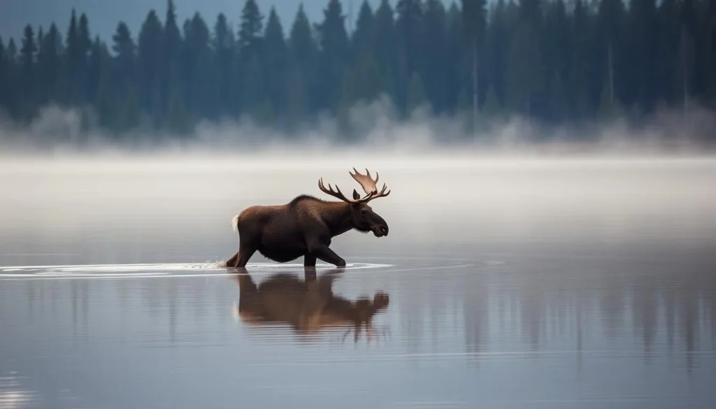 Moose wading in a misty Killarney lake at dawn with forest backdrop