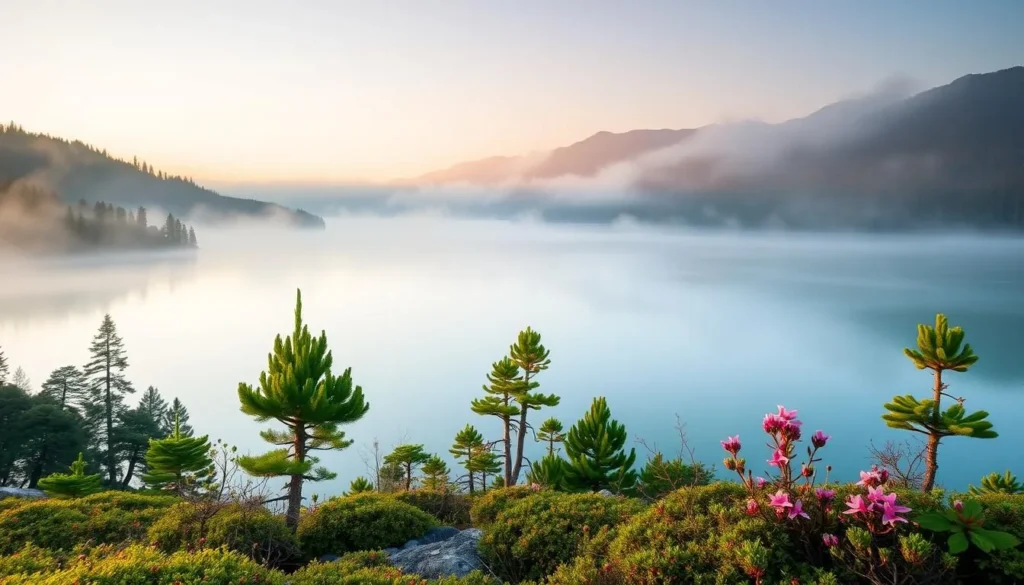 Morning mist over Lake Habema with alpine vegetation in foreground