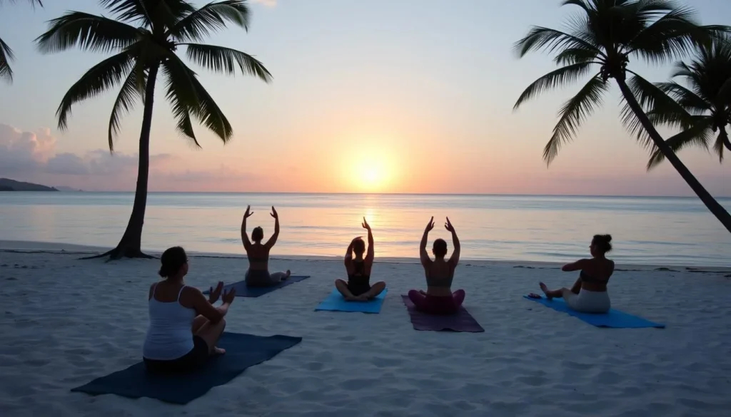 Morning yoga session on Druif Beach at sunrise