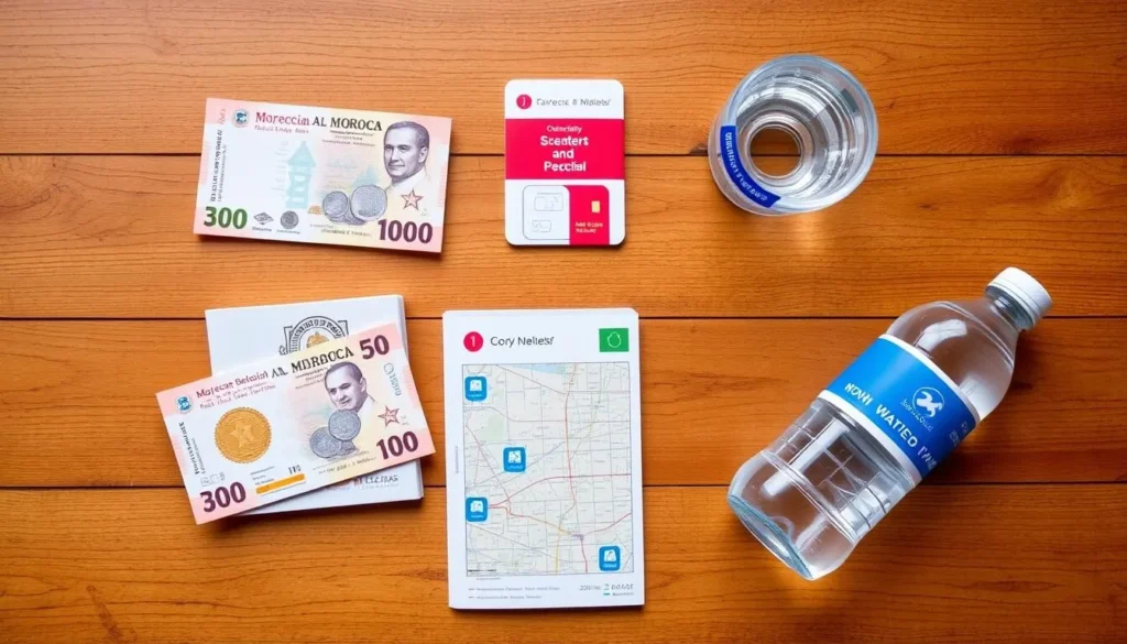 Moroccan dirham currency notes and coins displayed with a guidebook