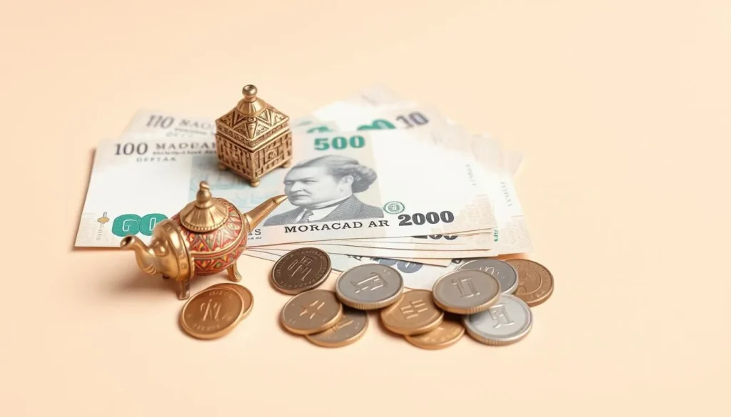 Moroccan dirham currency notes and coins displayed with a small souvenir