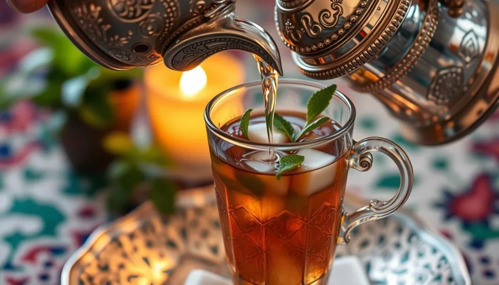 Moroccan mint tea being poured in a traditional tea ceremony in Lqliaa