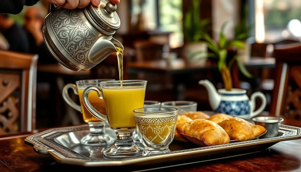 Moroccan mint tea being poured in traditional style with sweet pastries in Sidi Slimane cafe
