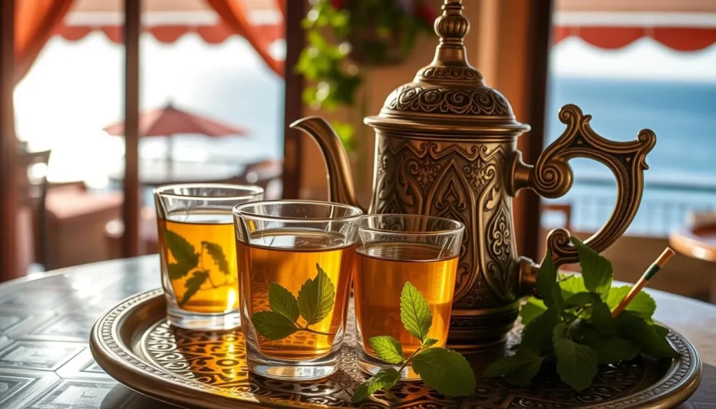 Moroccan mint tea service in a café in M'diq Morocco with Mediterranean view
