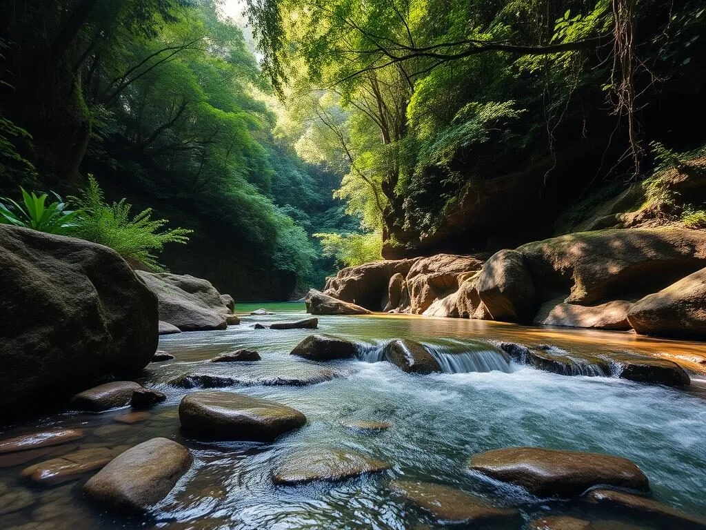 Mossman Gorge in the Daintree Rainforest with crystal clear water and lush vegetation Mossman Gorge in the Daintree Rainforest with crystal clear water and lush vegetation