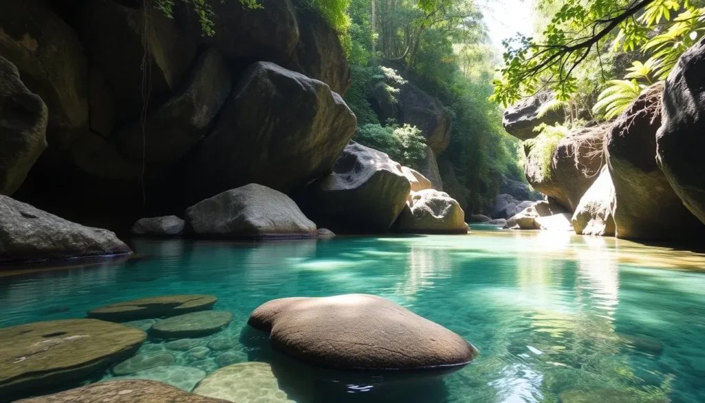 Mossman Gorge rainforest swimming hole with crystal clear water and large boulders