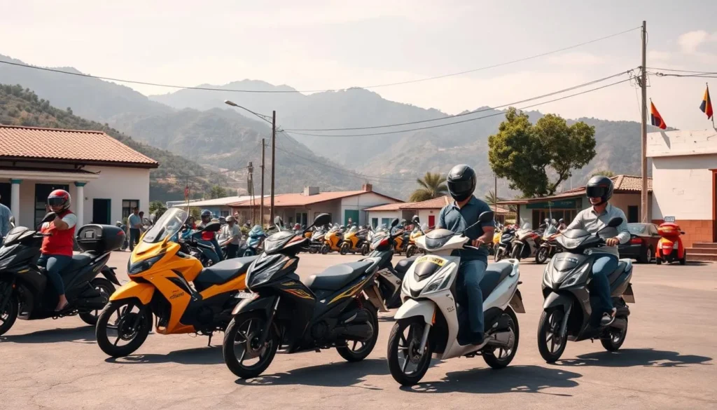 Moto-taxis waiting in Minca's town center with drivers and mountain backdrop