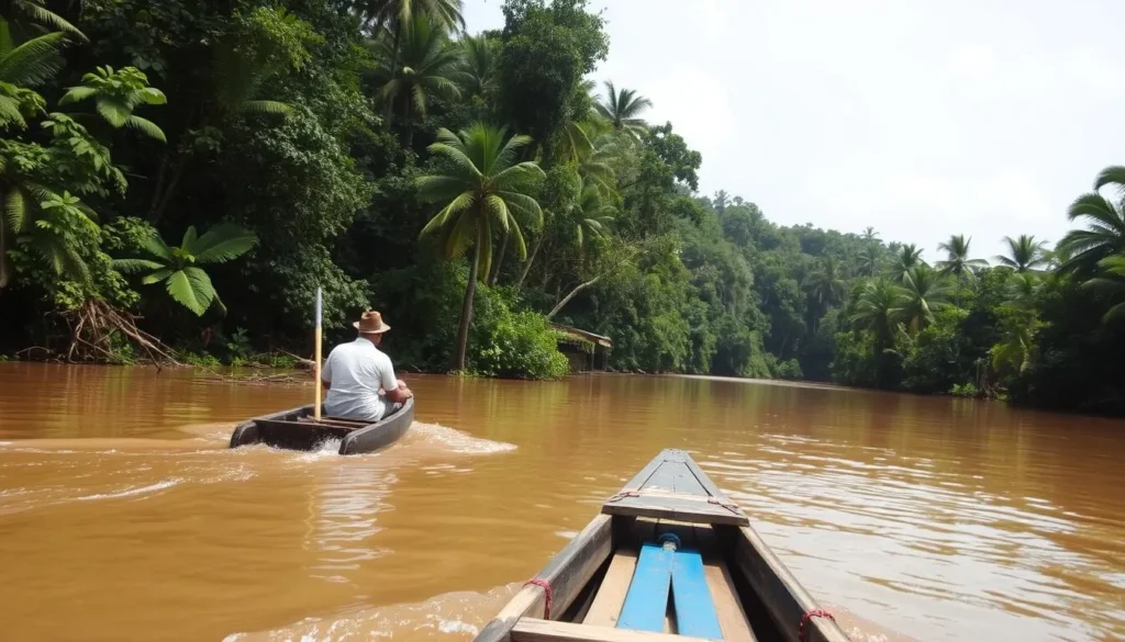 Motorized pirogue boat on the Comté River heading to Cacao, French Guiana