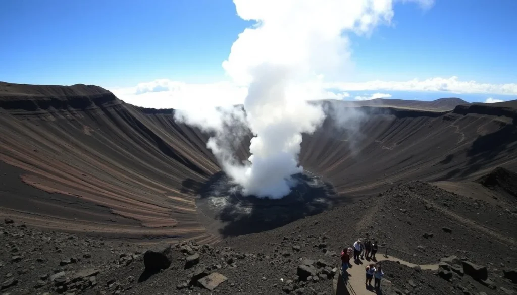 Mount Bromo crater with smoke rising in Probolinggo, Indonesia