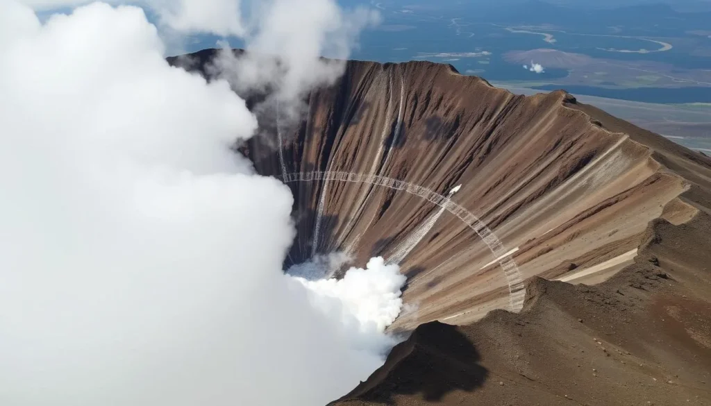 Mount Bromo crater with sulfur smoke rising from the active volcano