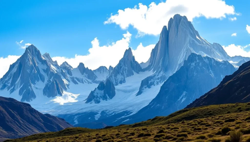 Mount Fitz Roy in El Chaltén with its distinctive peaks against blue sky