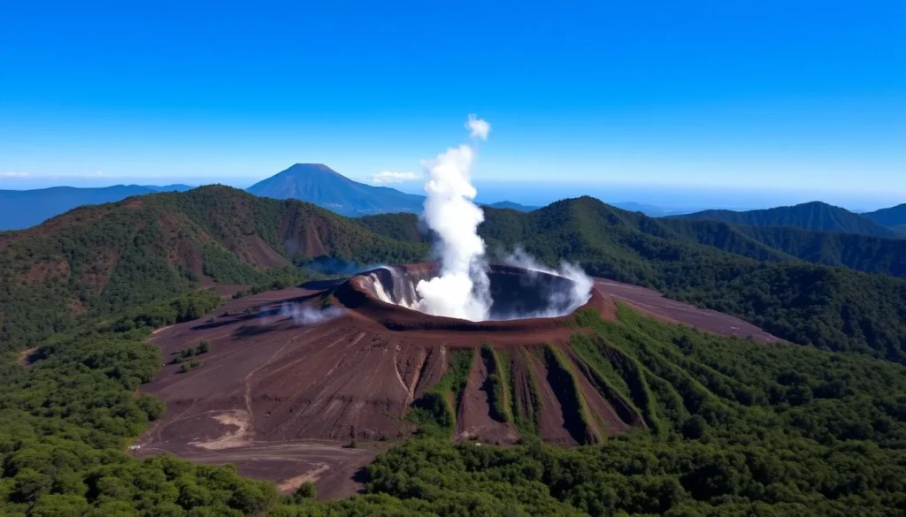 Mount Galunggung volcano crater with steam rising and surrounding forest