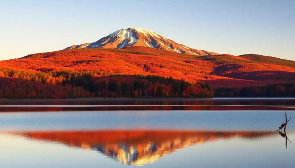 Mount Katahdin in autumn with vibrant fall foliage surrounding the mountain and reflecting in a calm lake