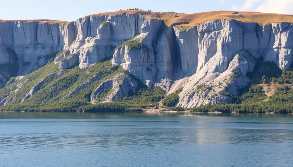 Mount Lobach overlooking Lake Kamskoe with dramatic limestone cliffs