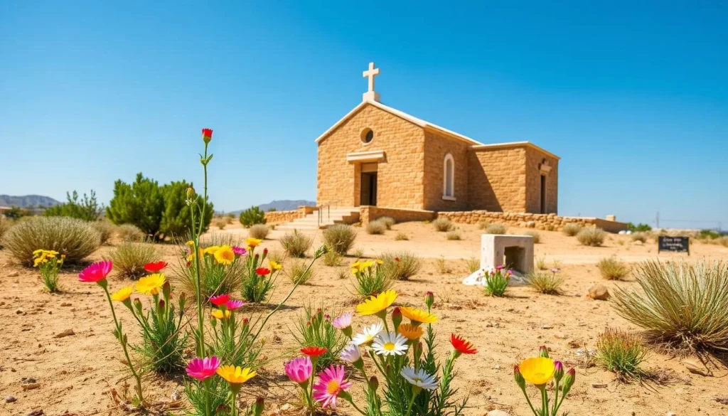 Mount Nebo landscape during spring with wildflowers blooming around the Memorial Church of Moses