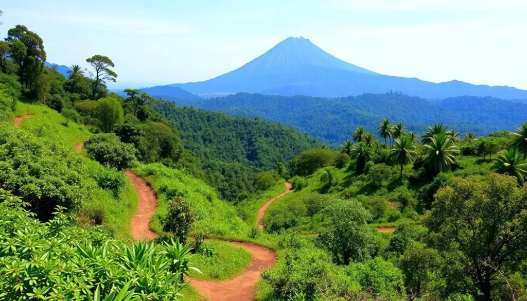 Mount Slamet near Tegal with hiking trails and lush forest vegetation