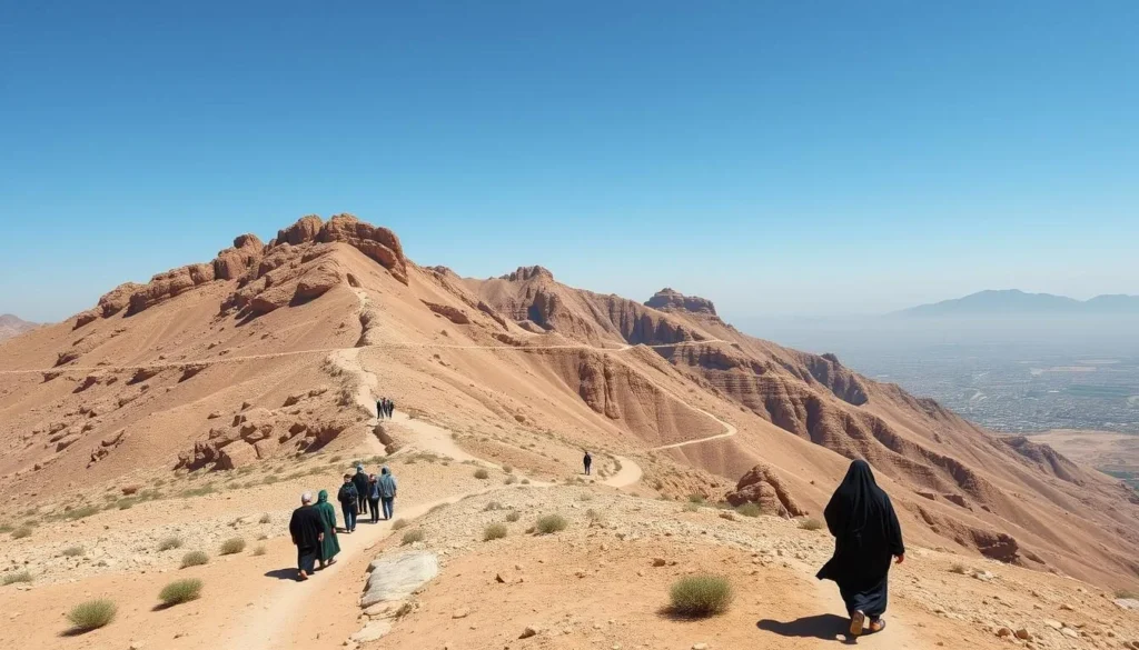 Mount Uhud in Madinah, site of the historic Battle of Uhud, showing the mountain landscape with visitors hiking the trails