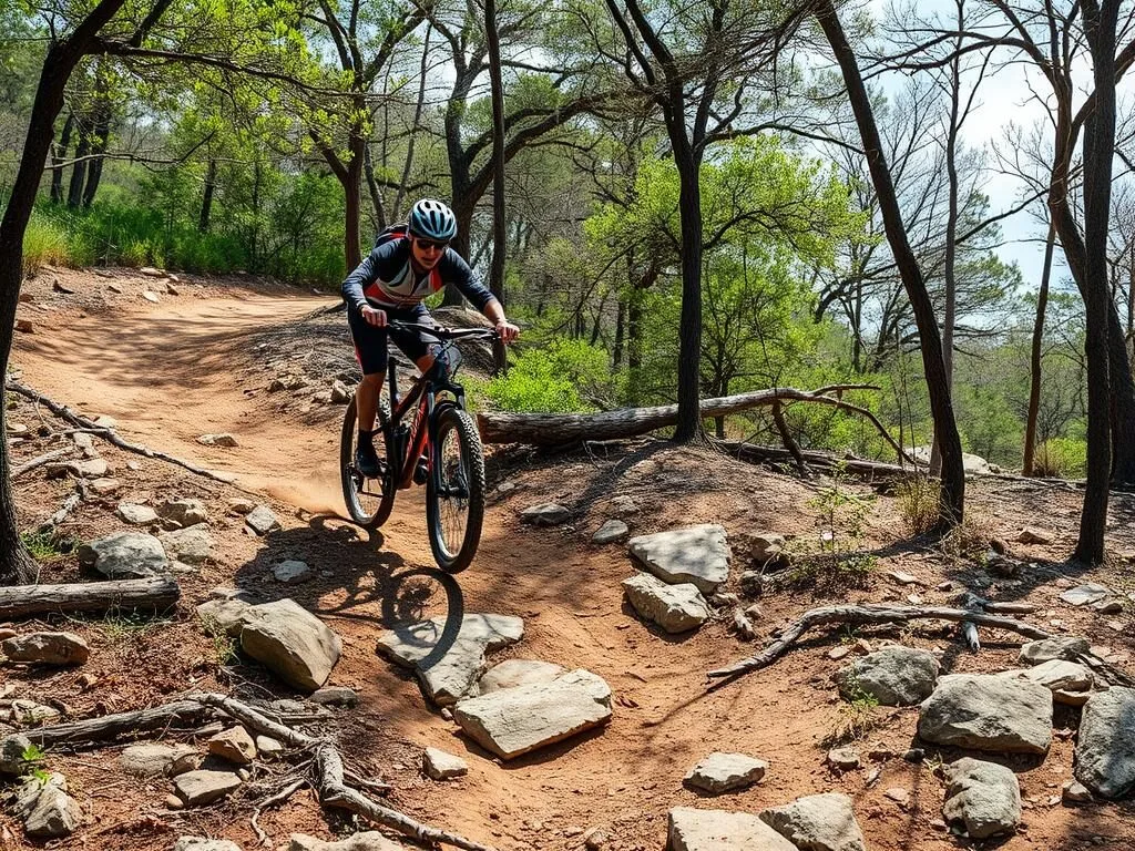 Mountain biker on trails at Cleburne State Park navigating rocky terrain