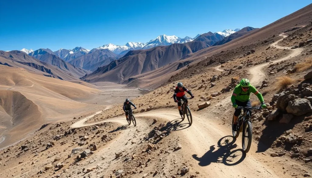 Mountain bikers descending a winding trail in Ladakh with dramatic mountain scenery and clear blue skies