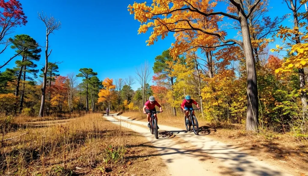 Mountain bikers on Alafia River State Park trails during optimal fall weather